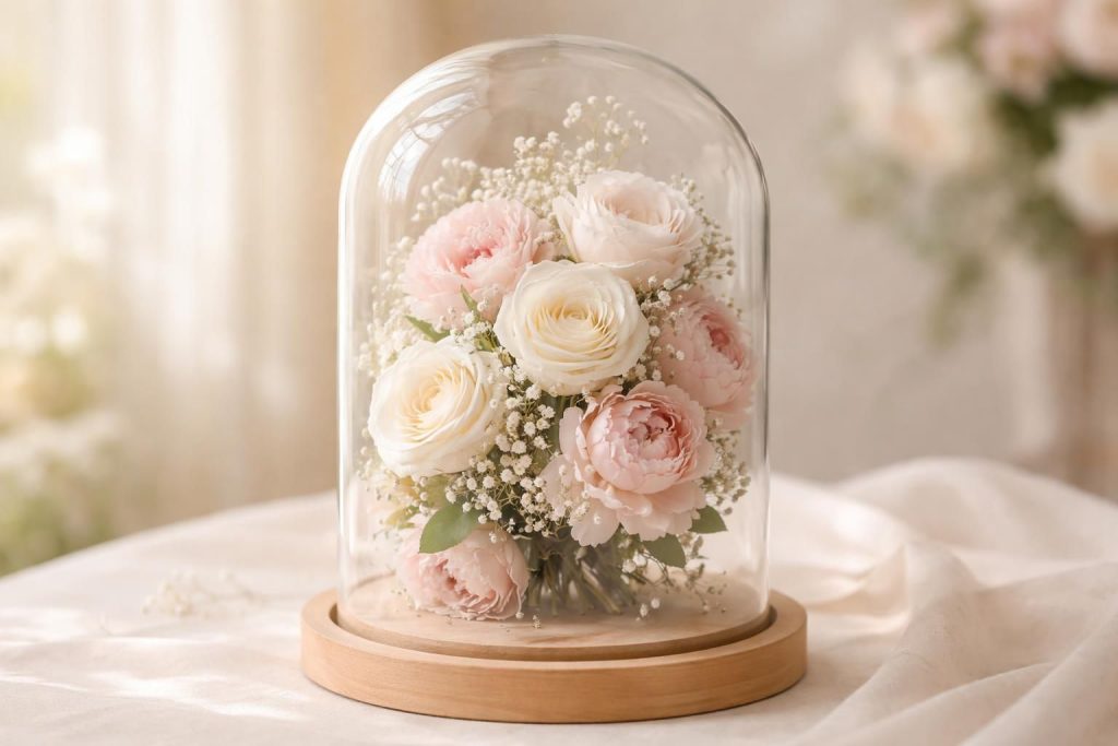 découvrez notre bouquet éternel sous cloche, un cadeau de mariage unique à conserver pour toujours, symbolisant un amour durable et un souvenir précieux.