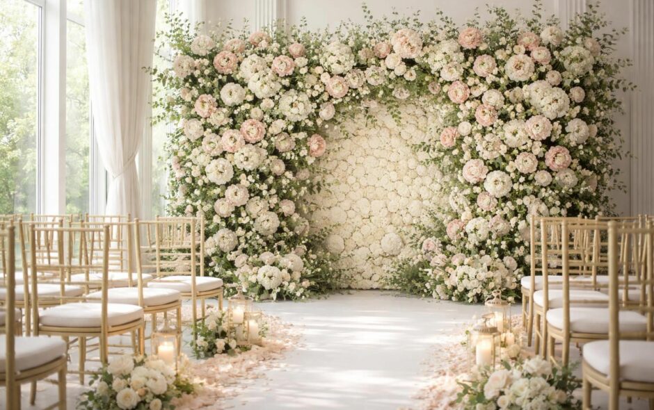 découvrez comment créer l'ambiance parfaite pour un mariage moderne grâce à un magnifique mur de fleurs, alliant élégance et romantisme pour un décor inoubliable.