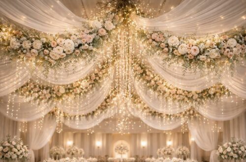 Éblouissez vos convives avec cette idée de déco de plafond pour une salle de mariage