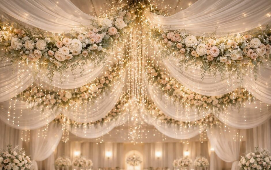 découvrez une idée de déco de plafond élégante et originale pour sublimer votre salle de mariage et éblouir vos convives lors de votre grand jour.