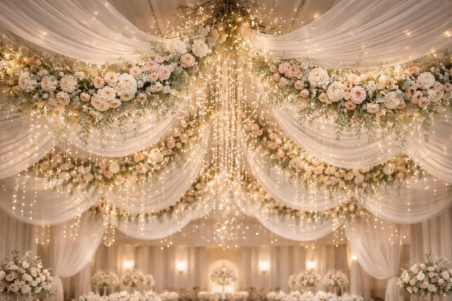 découvrez une idée de déco de plafond élégante et originale pour sublimer votre salle de mariage et éblouir vos convives lors de votre grand jour.
