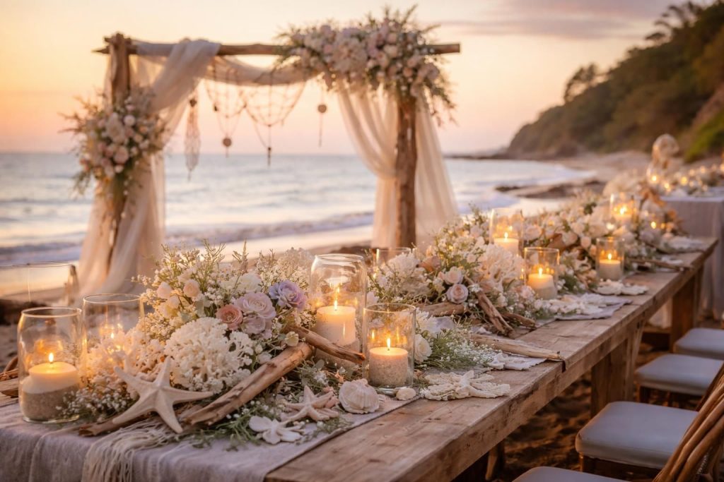 découvrez comment intégrer des éléments naturels pour sublimer votre décoration de mariage sur le thème de la mer, alliant charme et authenticité pour un jour inoubliable.