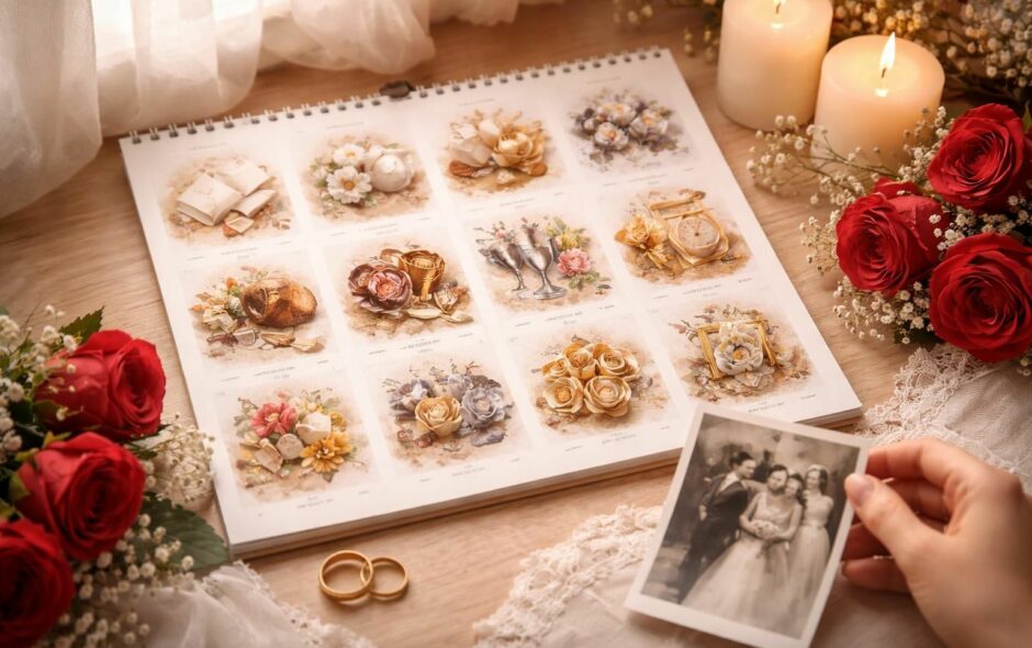 découvrez le calendrier des noces de mariage, un guide symbolique pour célébrer chaque année d'amour avec des traditions uniques et significatives.