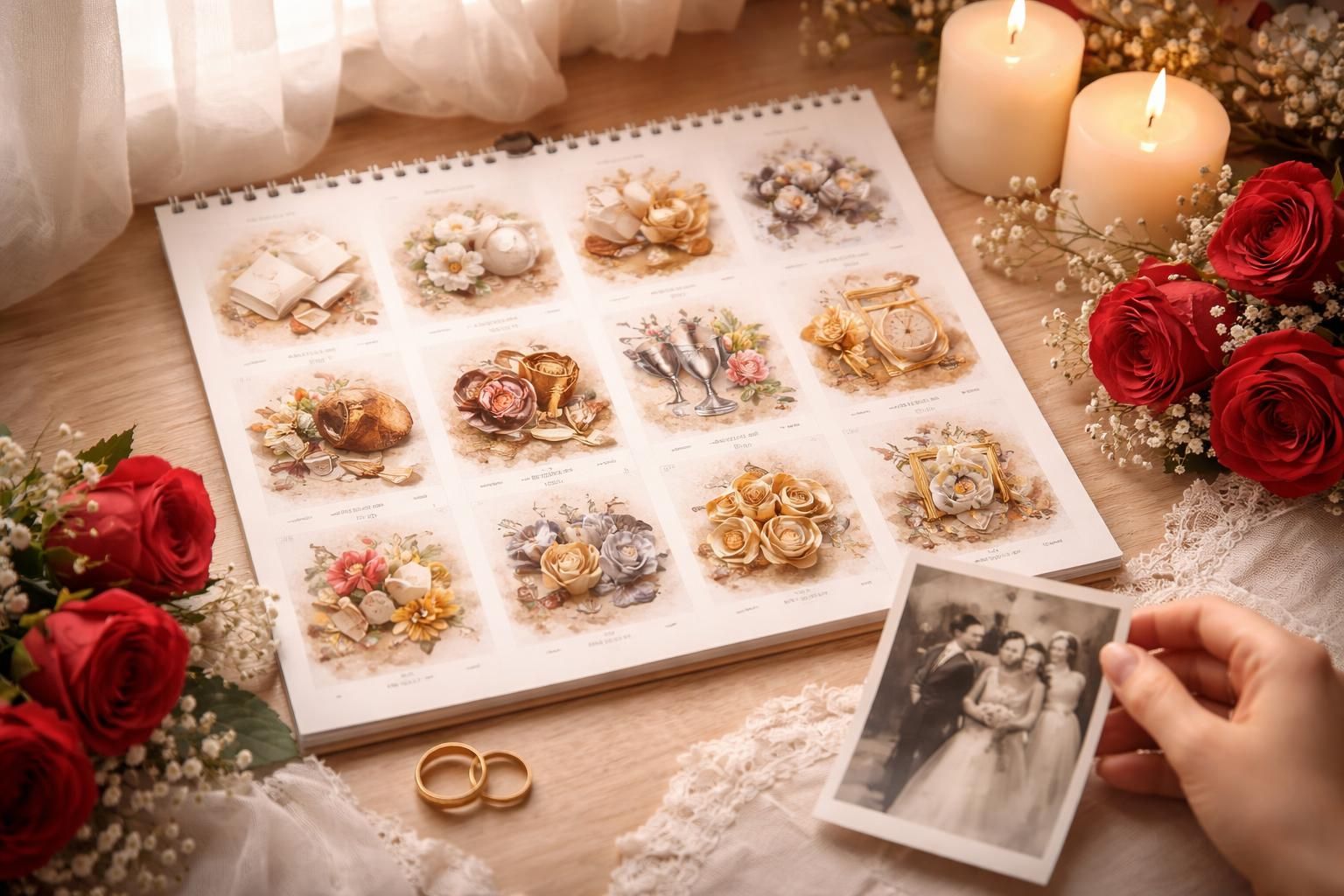 découvrez le calendrier des noces de mariage, un guide symbolique pour célébrer chaque année d'amour avec des traditions uniques et significatives.