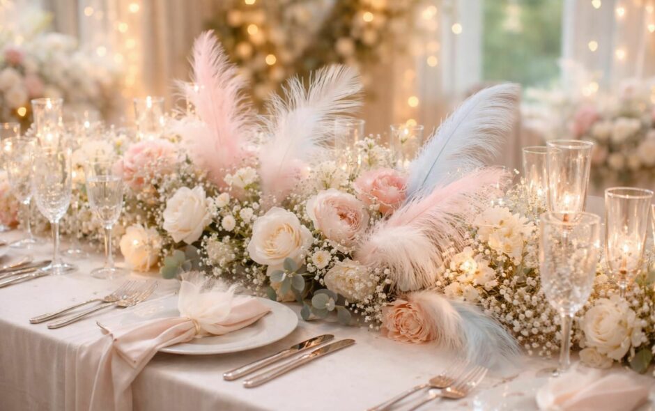 découvrez nos conseils pour utiliser des plumes dans la décoration de votre table de mariage et créer une ambiance féerique et élégante.