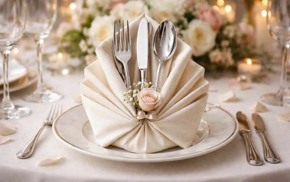 apprenez à réaliser un élégant pliage de serviette avec range-couverts pour sublimer la décoration de votre mariage et surprendre vos invités.