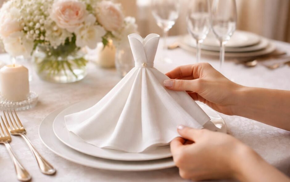 découvrez notre tuto pliage de serviette en robe, parfait pour sublimer votre décoration de mariage avec élégance et simplicité.