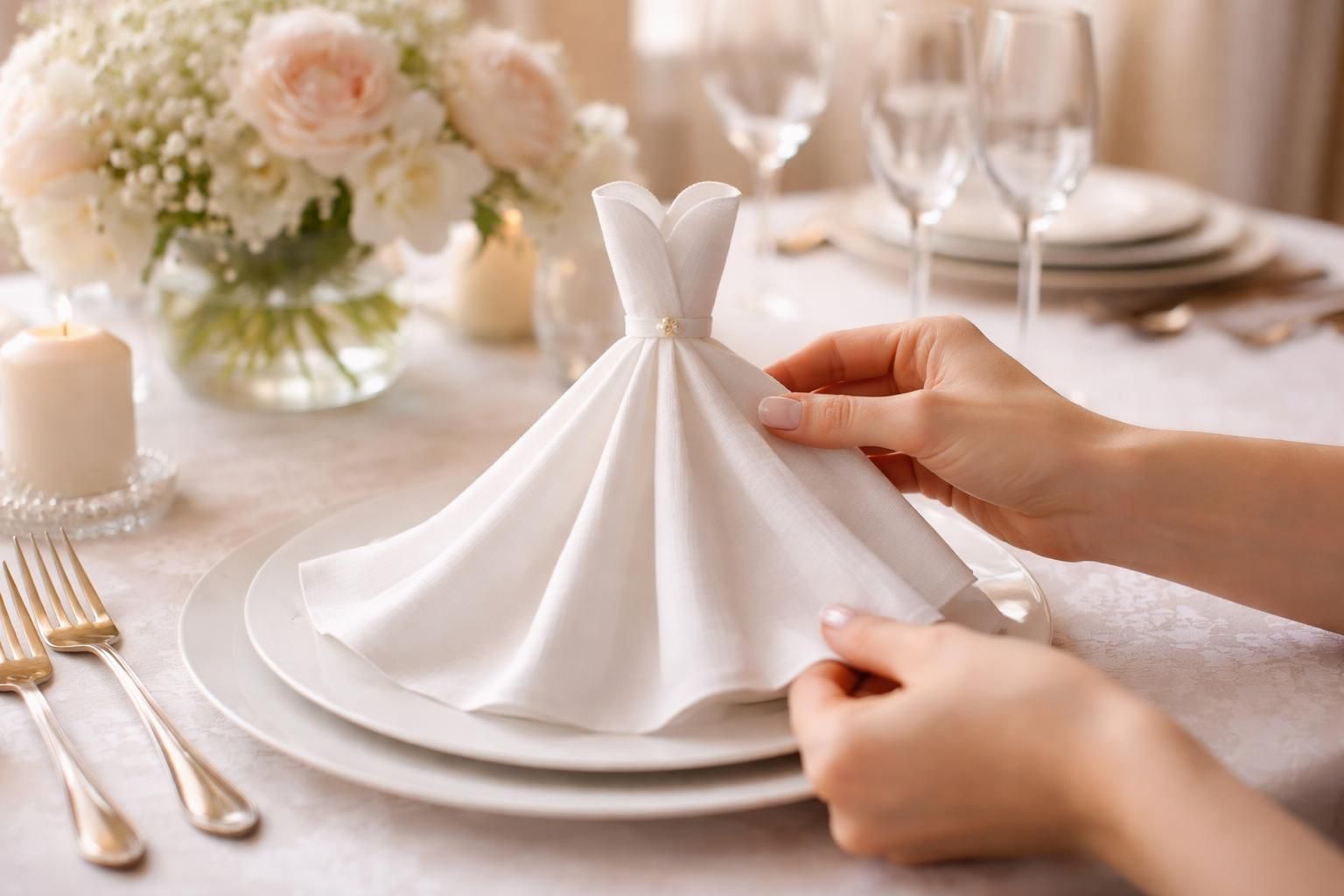 découvrez notre tuto pliage de serviette en robe, parfait pour sublimer votre décoration de mariage avec élégance et simplicité.