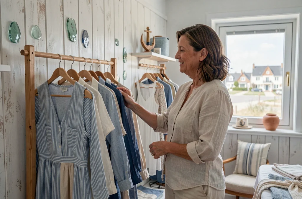 Boutique À la Petite Jeannette à Trouville-sur-Mer, femme parcourant des vêtements en lin dans une boutique balnéaire aux accents nautiques