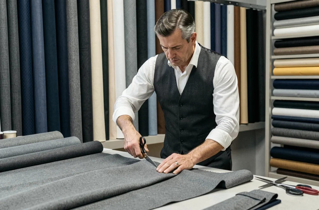 Tailleur de L'Atelier Chamaï découpant du tissu en laine dans son atelier de Brest