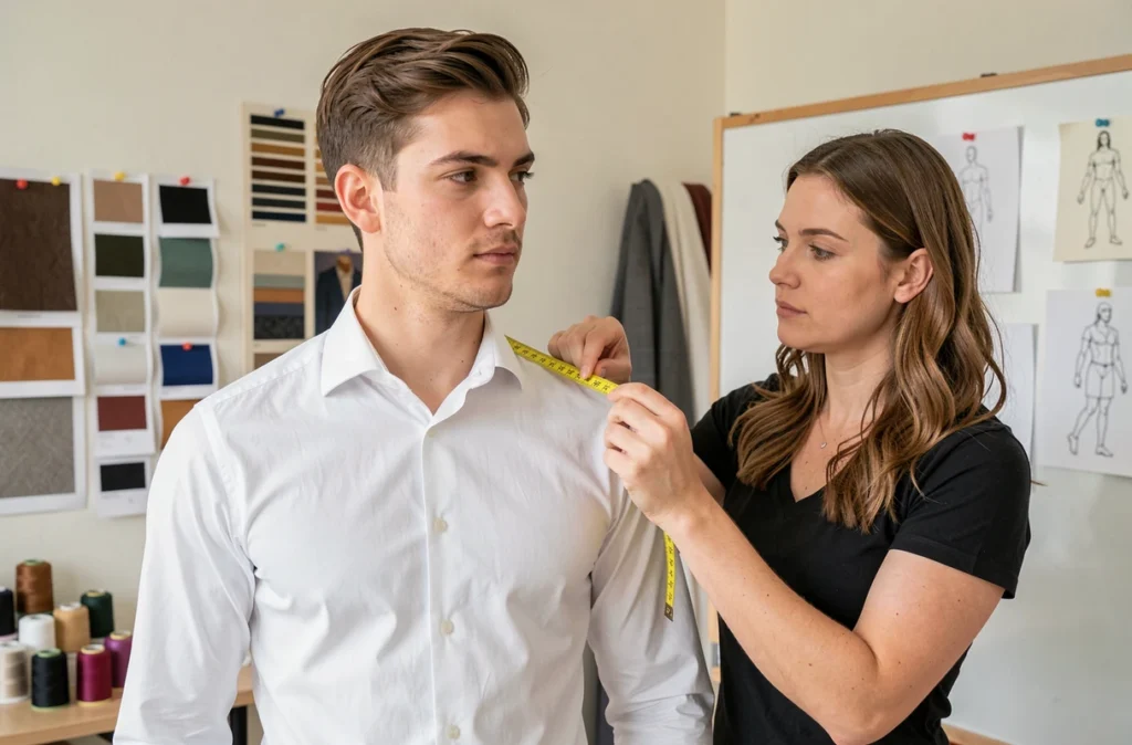 Prise de mesures pour un costume sur mesure dans l'atelier Coqlico à Rennes