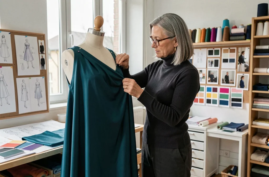 Créatrice drapant du tissu sur une forme pour une robe de soirée sur mesure à l'Atelier Isca
