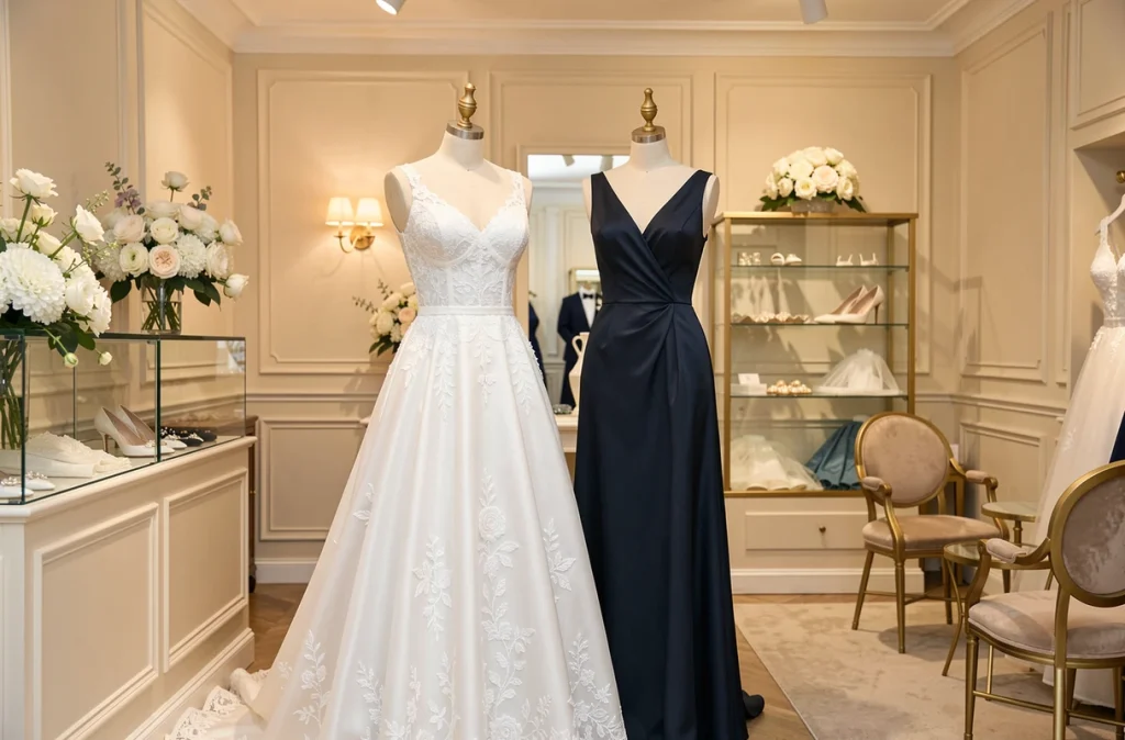 Robe de mariée et robe de soirée exposées côte à côte dans la boutique Aurelia Mariages