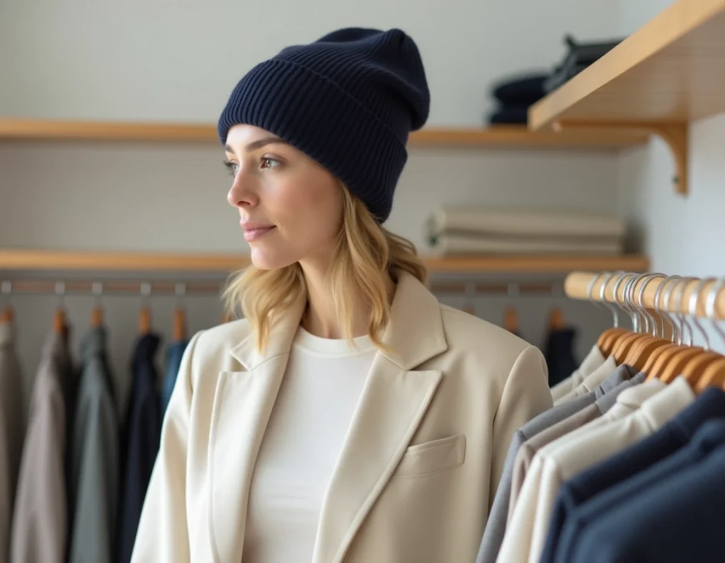 Femme portant un bonnet bleu marine en laine mérinos dans un concept store minimaliste