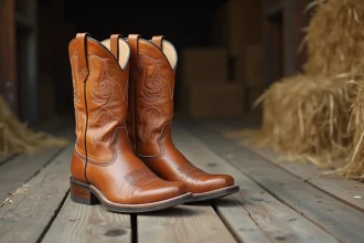 Paire de bottes cowboy en cuir tanné posées sur un plancher en bois rustique, avec broderies florales et patine authentique