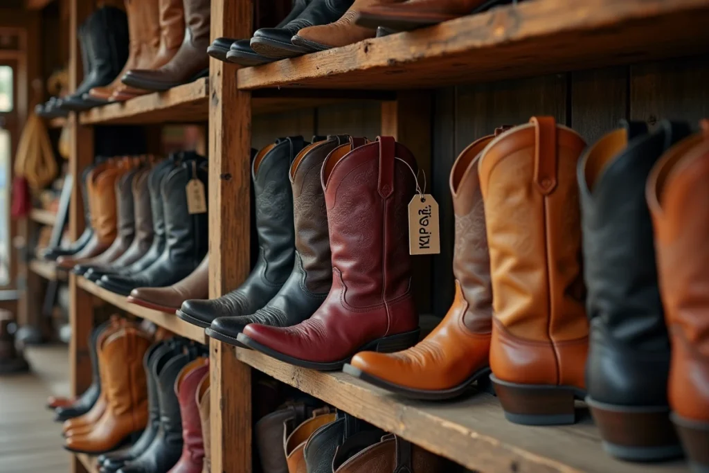 Rangée de bottes cowboy variées exposées sur des étagères en bois dans une boutique western rustique avec étiquettes de prix