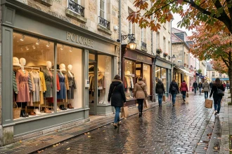 Rue commerçante normande avec plusieurs boutiques de prêt-à-porter féminin, vitrines élégantes et pavés mouillés à l'automne