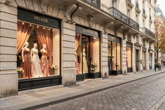 Vitrines de boutiques de robes de soirée dans les Hauts-de-Seine avec façades haussmanniennes