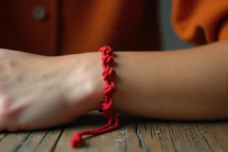 Bracelet fil rouge à 7 nœuds porté au poignet d'une femme, posé sur une table en bois texturée, vue macro détaillée