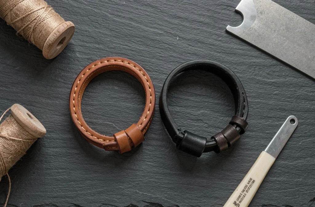 Deux bracelets de force en cuir fait main pour homme, cognac et noir, présentés en flat-lay sur une surface en ardoise sombre avec accessoires d'artisan