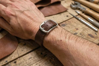 Bracelet de force homme en cuir fait main marron foncé avec boucle argentée, posé sur une table d'atelier en chêne brut