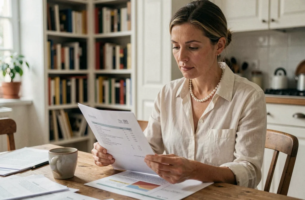 Femme consultant le prix d'un collier de perles de culture à la maison avec une facture sur la table