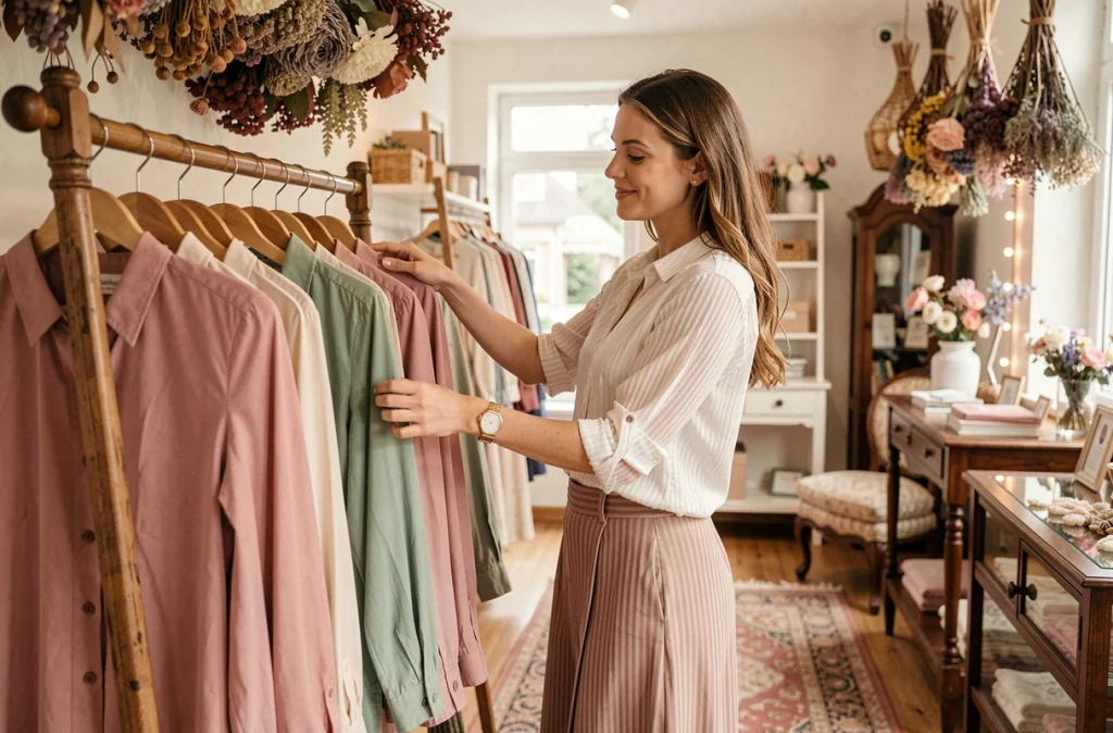 Boutique Céleste à Caen, jeune femme feuilletant des vêtements féminins délicats sur un portant vintage dans un décor romantique