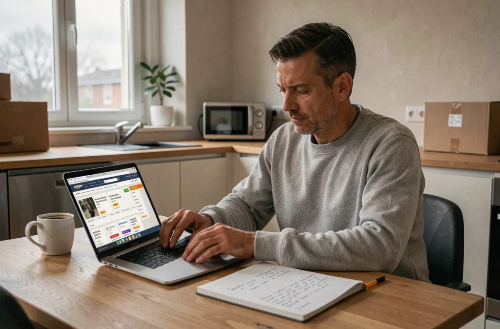 Homme comparant les offres de soldes d'hiver sur plusieurs marketplaces comme Amazon et Cdiscount depuis son ordinateur portable dans une cuisine moderne