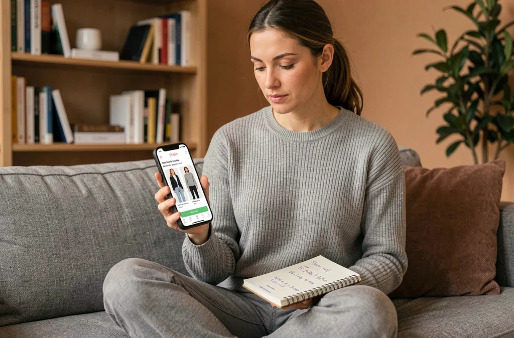 Femme consultant le guide des tailles Shein sur son smartphone avec ses mensurations notées sur un carnet