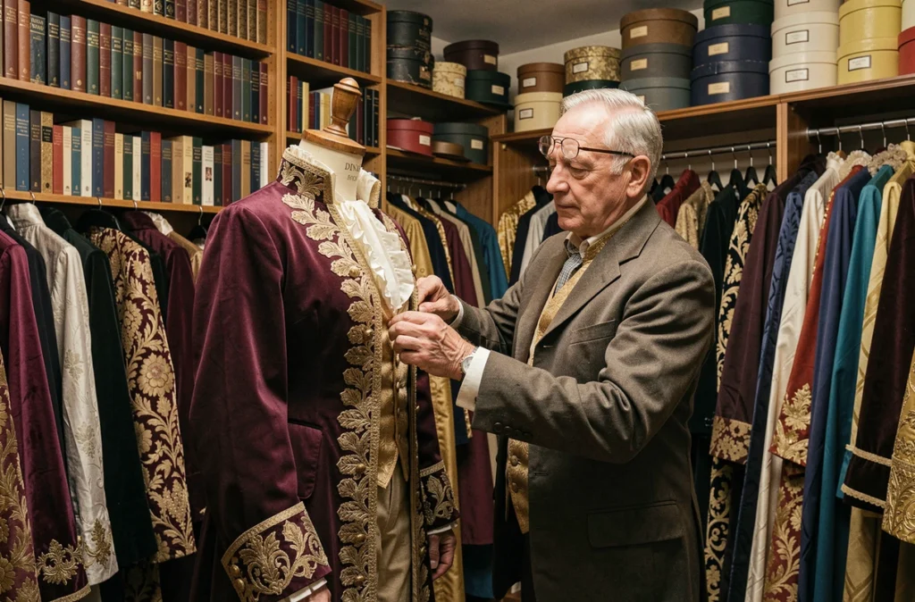 Costumier Guinhut retouchant un costume historique sur mesure dans son atelier de Dinard