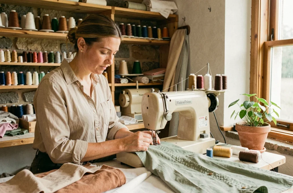 Couturière de De-Filé Couture travaillant à la machine à coudre dans son atelier de confection à L'Hôpital-Camfrout