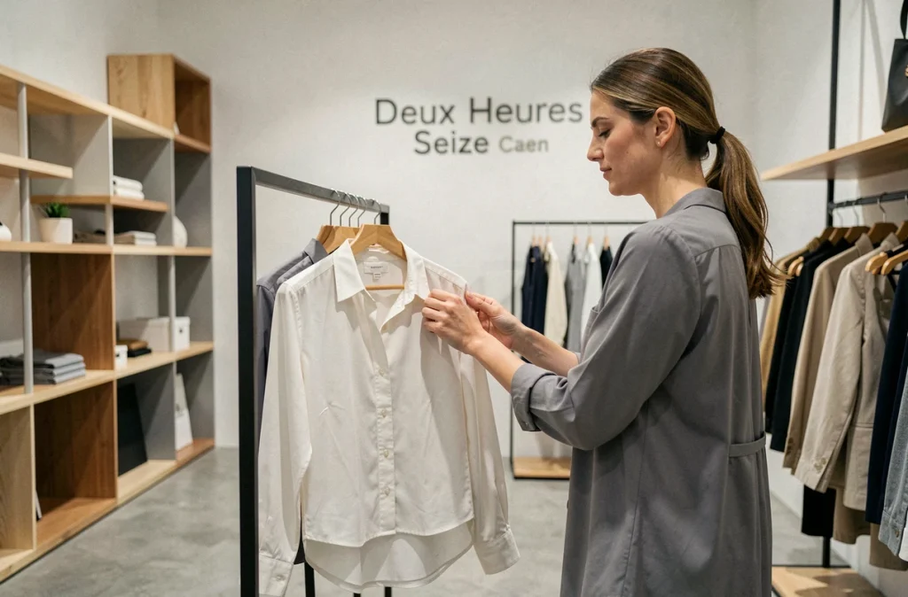 Boutique Deux Heures Seize à Caen, femme inspectant un chemisier contemporain dans un espace minimaliste au design épuré