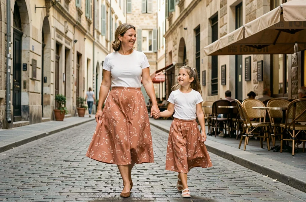 Duo mère fille en jupe fleurie terracotta coordonnée se promenant dans une rue pavée européenne