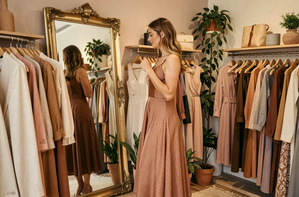Boutique Eleene à Caen, femme essayant une robe midi fluide devant un grand miroir dans un intérieur féminin aux tons chauds