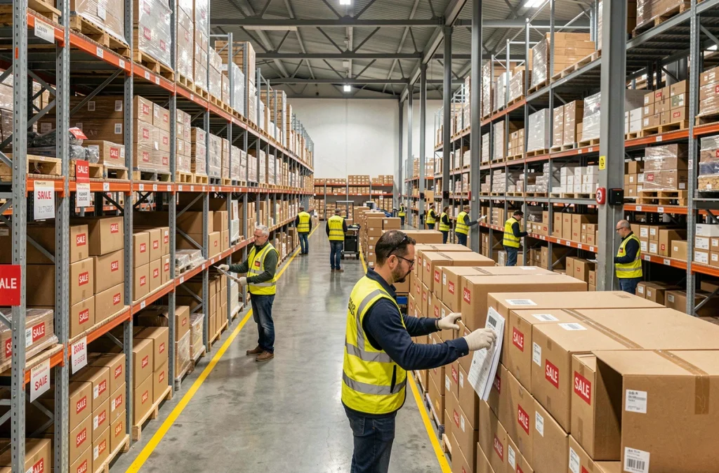 Entrepôt logistique d'une grande marketplace en pleine activité pendant les soldes d'hiver 2026, avec des employés préparant des colis pour la livraison