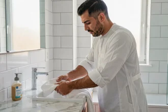 Homme arabe lavant soigneusement son thobe blanc à la main dans un lavabo en marbre
