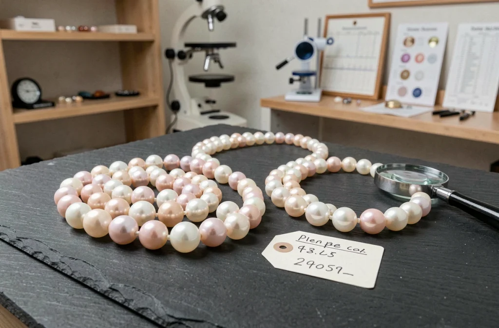 Assortiment de perles de culture et colliers sur ardoise avec loupe de gemmologue pour évaluation du prix