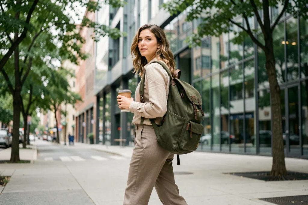 Jeune femme active portant un sac à dos ordinateur élégant en marchant dans une rue urbaine moderne, style professionnel et décontracté
