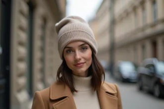 Femme portant un bonnet beige minimaliste avec un manteau camel dans un décor urbain épuré