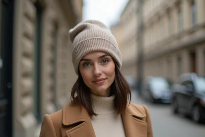 Femme portant un bonnet beige minimaliste avec un manteau camel dans un décor urbain épuré