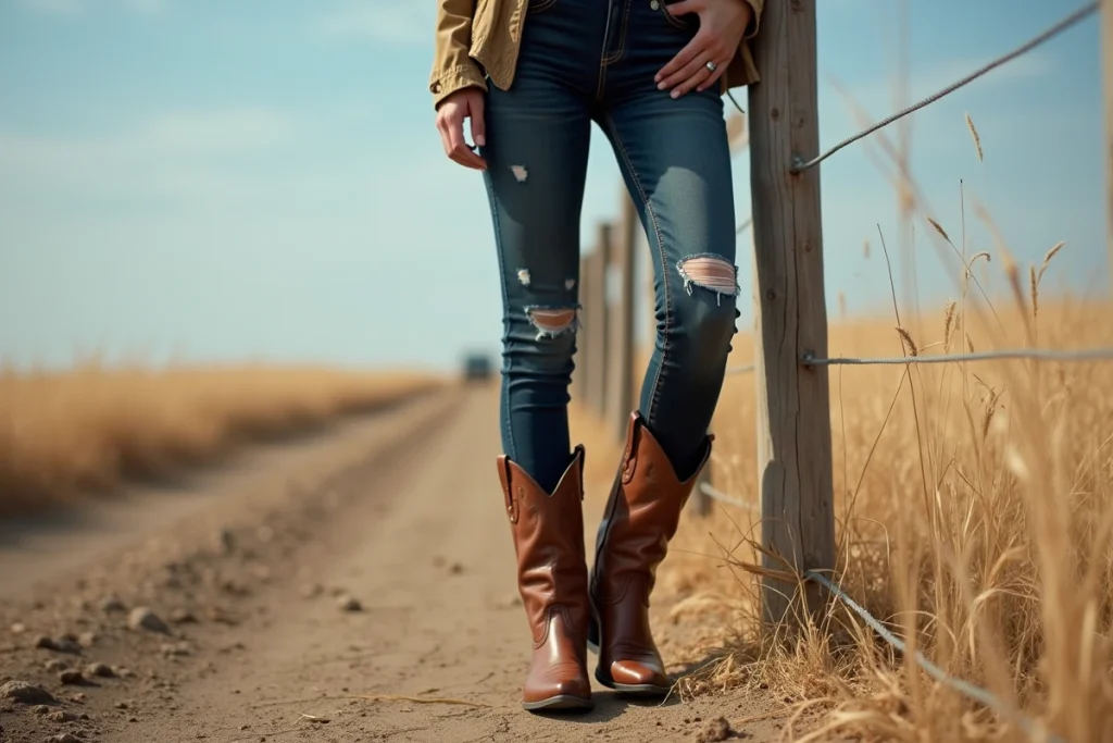 Jeune femme portant des bottes cowboy marron distressed avec un jean slim foncé dans un décor de campagne