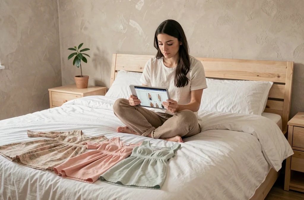 Jeune femme assise sur son lit entourée de robes et consultant un site de mode sur tablette pour faire son choix