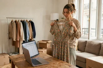 Femme comparant une robe achetée en ligne avec un guide des tailles sur ordinateur portable dans un appartement parisien