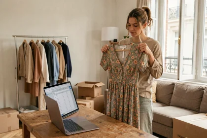 Femme comparant une robe achetée en ligne avec un guide des tailles sur ordinateur portable dans un appartement parisien