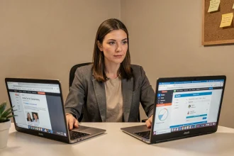 Femme en télétravail gérant deux activités professionnelles depuis son bureau à domicile avec deux ordinateurs portables ouverts