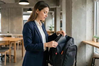 Femme entrepreneure professionnelle rangeant son ordinateur portable dans un sac à dos organisé en espace de coworking moderne