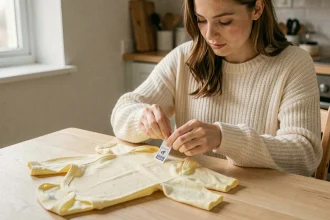 Jeune femme examinant un antivol à encre sur un body bébé posé sur une table en bois