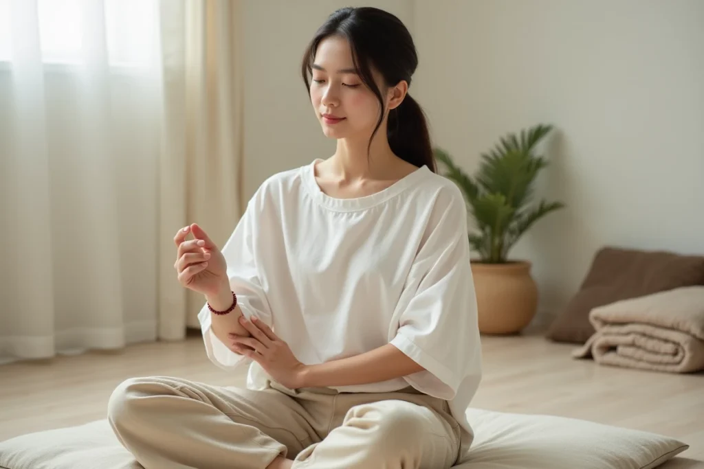 Femme en méditation portant un bracelet fil rouge 7 nœuds dans un espace zen minimaliste, ambiance apaisante