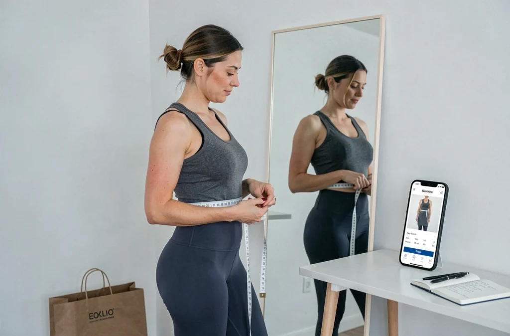 Femme prenant ses mesures avec un mètre ruban devant un miroir en consultant une fiche de taille pour choisir sa robe en ligne