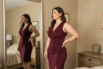 Femme aux courbes généreuses en robe bordeaux se regardant dans un miroir avec confiance, illustrant l'acceptation de sa morphologie